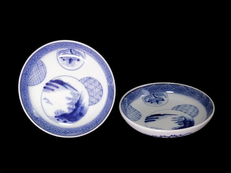 古伊万里　染付　墨弾き　丸紋の図　豆皿　手塩皿　２枚　C794AS-CRq