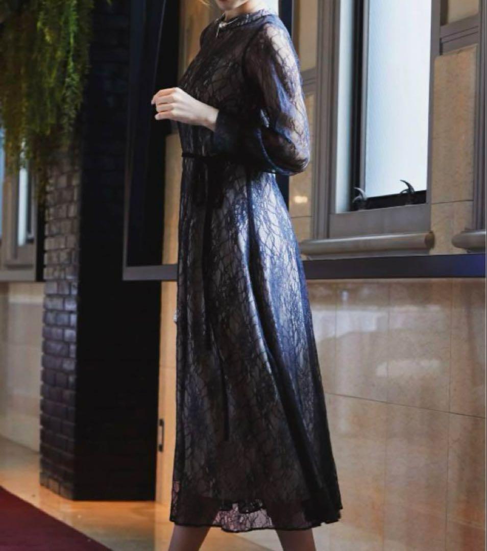 美品【NIANA】ニアナ シアーレース ウエストリボンドレス 長袖ワンピース L