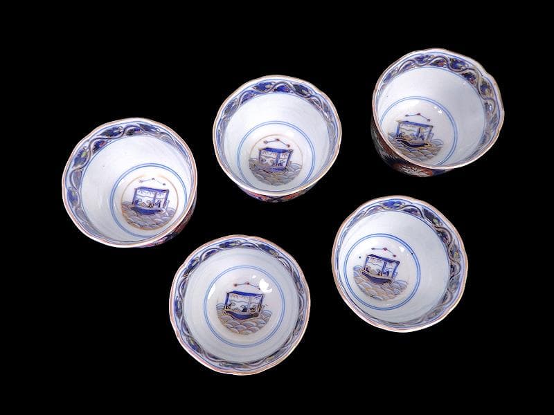 古伊万里　金襴手　花に唐子の図　向付　５客　AS-DCe