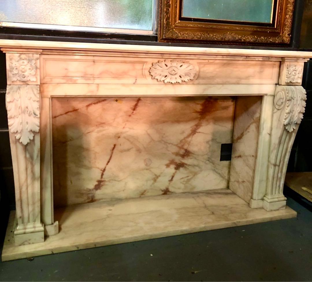 大理石製 マントルピース アイボリー系 彫刻装飾 アンティーク 幅150×高91