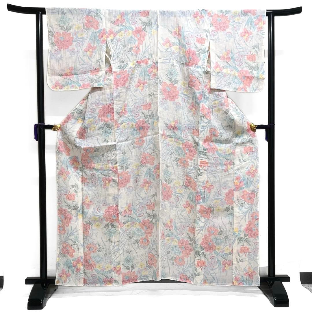 小紋　小千谷ちぢみ　麻　花模様　菊　牡丹　オフホワイト　着物　074a d