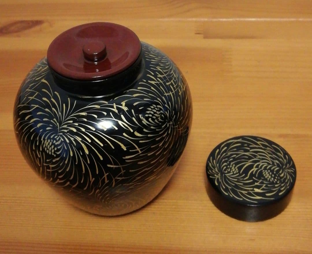 宝斎作　利休　帽子　沈金　茶入　箱付　仕服付　茶道具