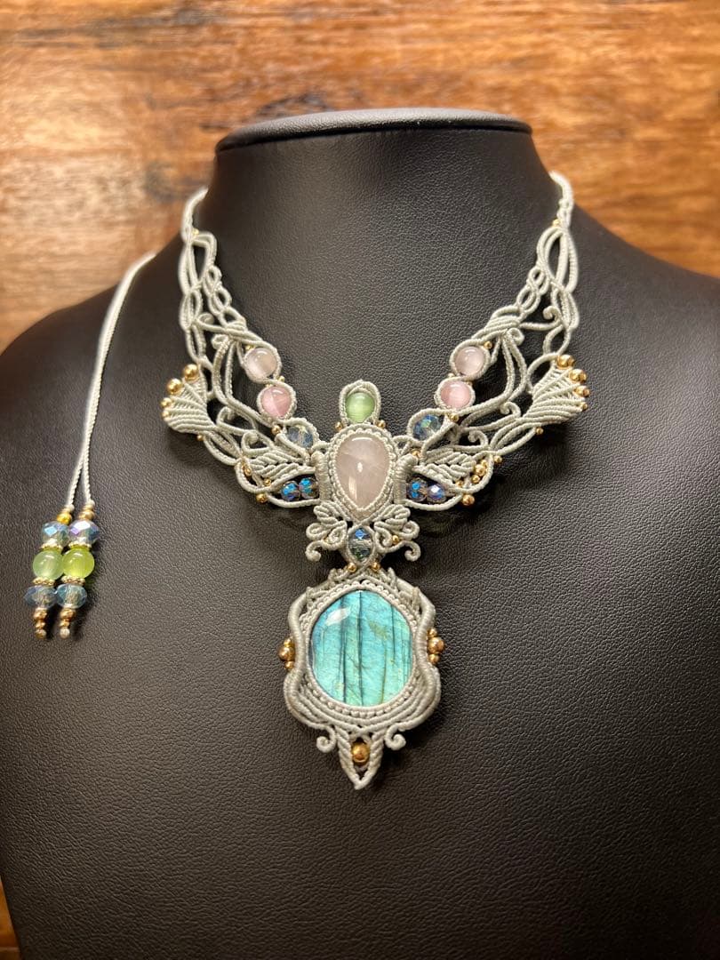 【handmade】マクラメ× ラブラドライト&ローズクォーツ ネックレス