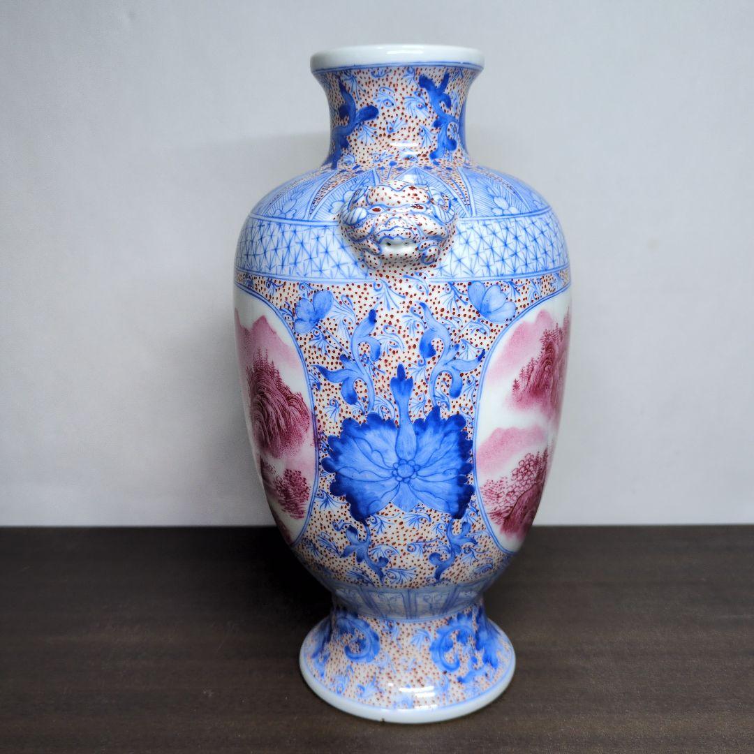 居仁堂製 色絵 窓絵 山水文 獣耳付 瓶 高さ約24.5cm