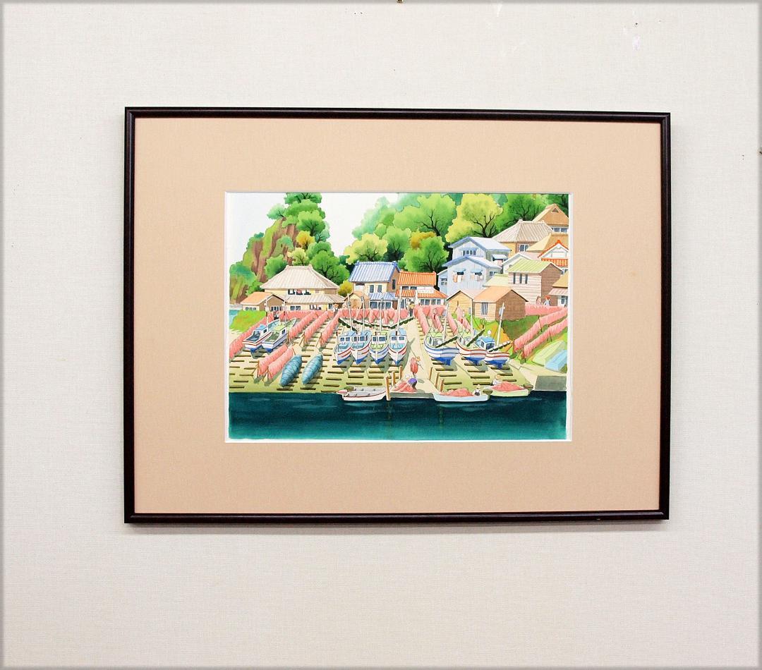 絵画「漁港～ エビ網を干す」　水彩画