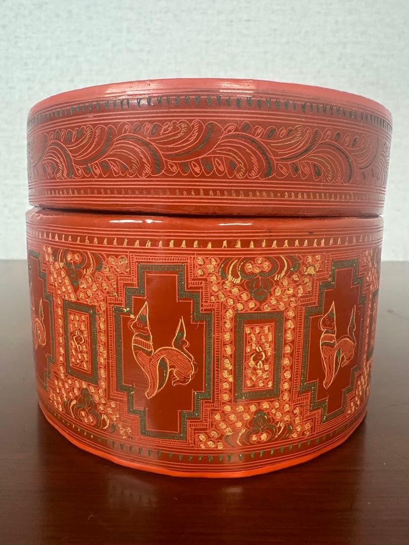 ミャンマー アンティーク 漆器 蒟醤 ビルマ 細密画 3段入れ子容器 ※31※