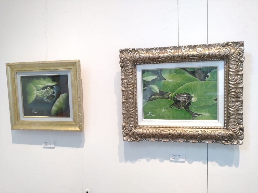カエルの油絵【水鏡】1点物の原画◆作者サイン入り◆F3号キャンバス