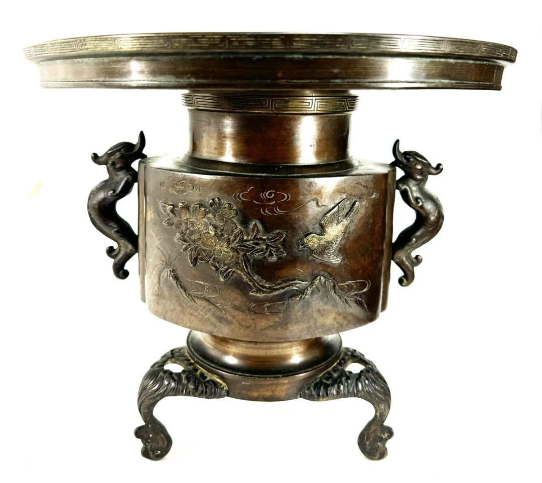 江戸時代 古銅 塗金 雙龍耳花鳥珍獣彫薄端 花器 置物 旧家蔵出WWST025