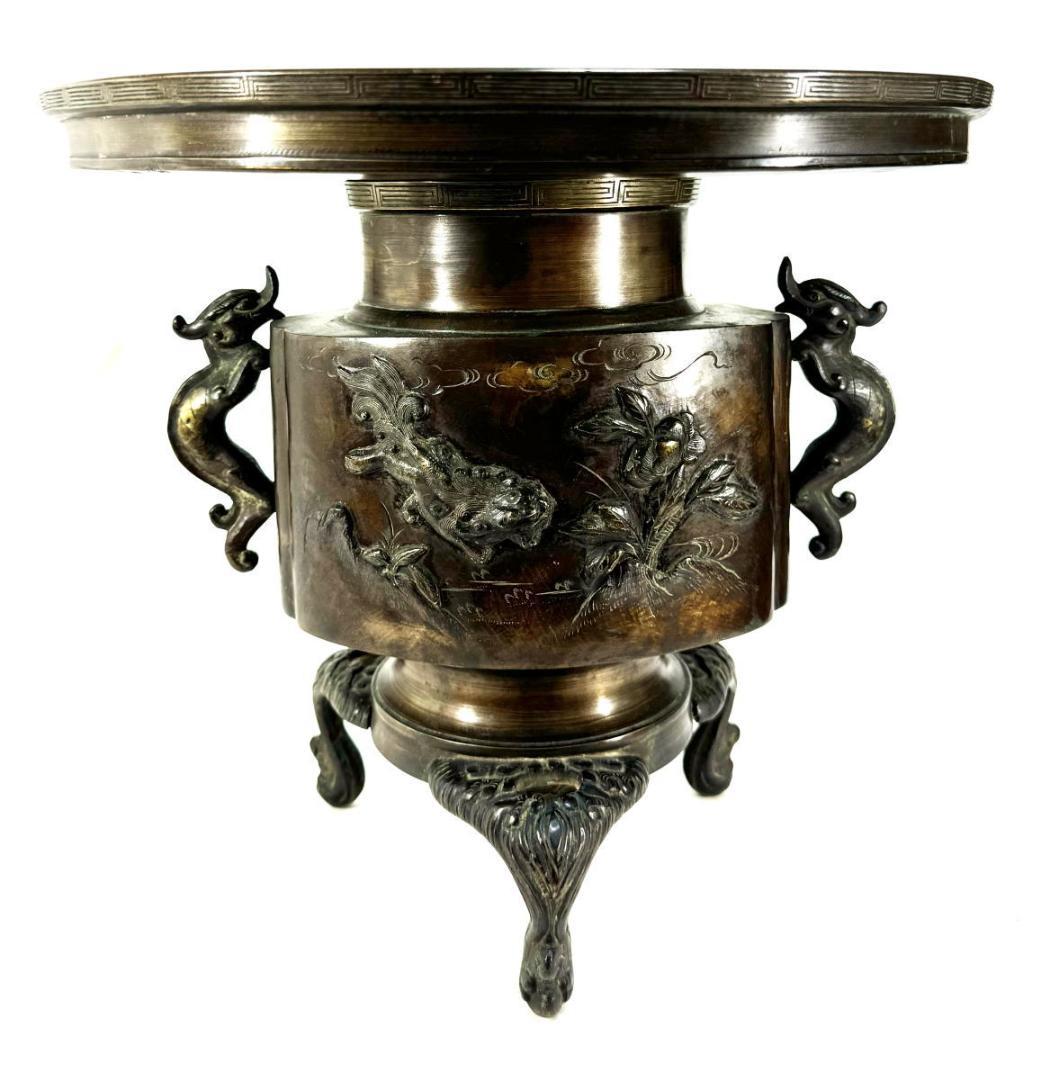 江戸時代 古銅 塗金 雙龍耳花鳥珍獣彫薄端 花器 置物 旧家蔵出WWST025