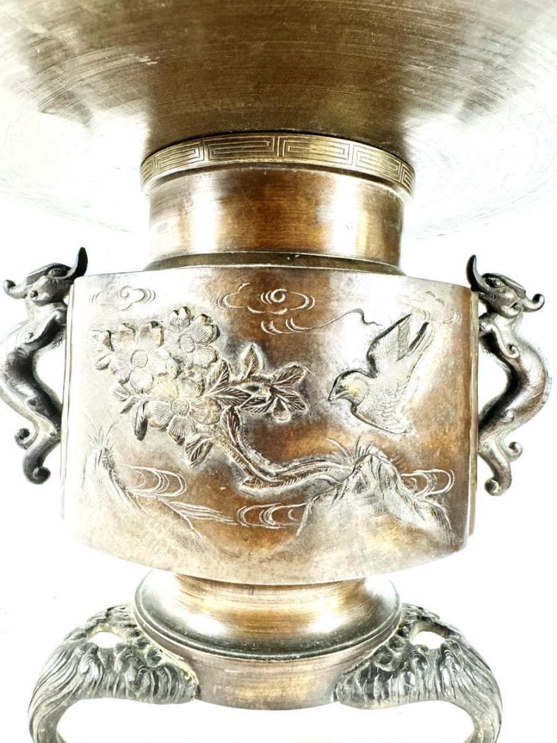 江戸時代 古銅 塗金 雙龍耳花鳥珍獣彫薄端 花器 置物 旧家蔵出WWST025