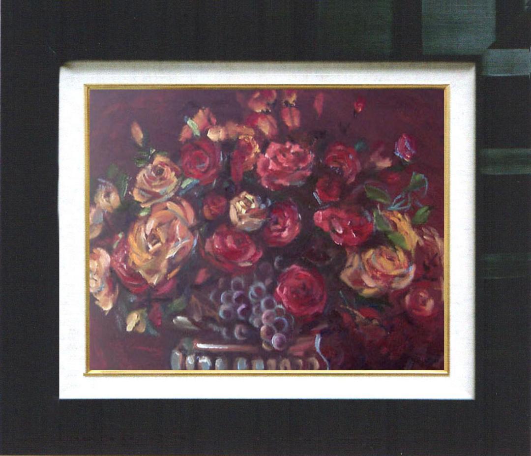 油絵 菅家令子 絵 絵画 インテリア 額付(黒) uF6-113802 花 ばら