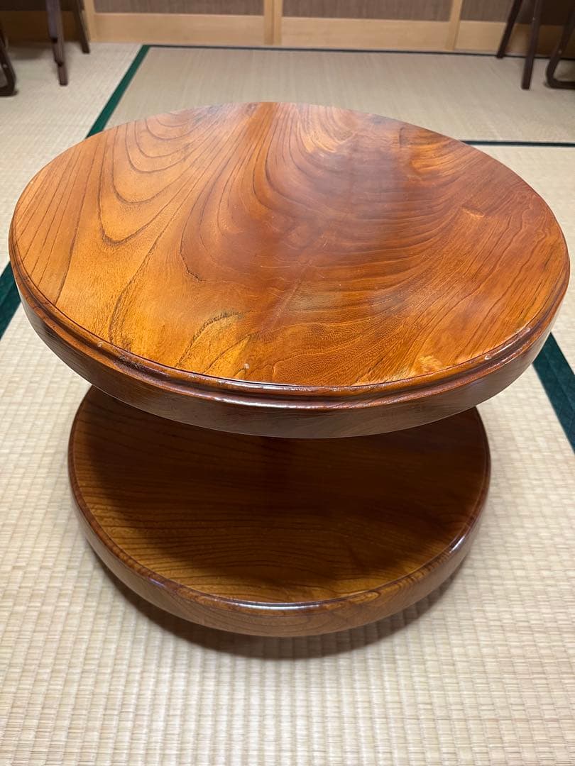 木製二段式円形テーブル　回転　けやき　昭和レトロ　サイドテーブル