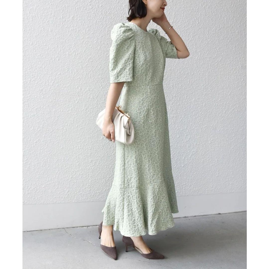 ギャザースリーブ　ジャカード　ロングワンピース(ライトグリーン)
