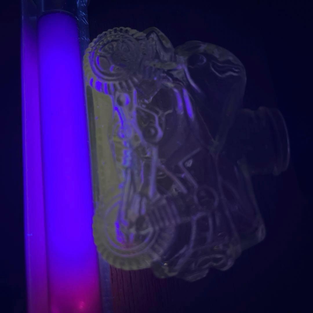 骨董　レトロガラス　時代　金平糖瓶　菓子瓶　バイク　単車　エンボス　ウラン