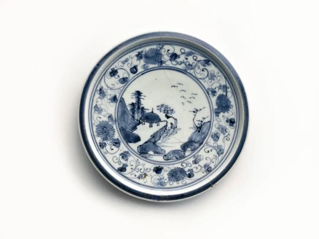 骨董　アンティーク　初期伊万里　花唐草山水文　七寸皿　丸皿　中皿　古伊万里　染付