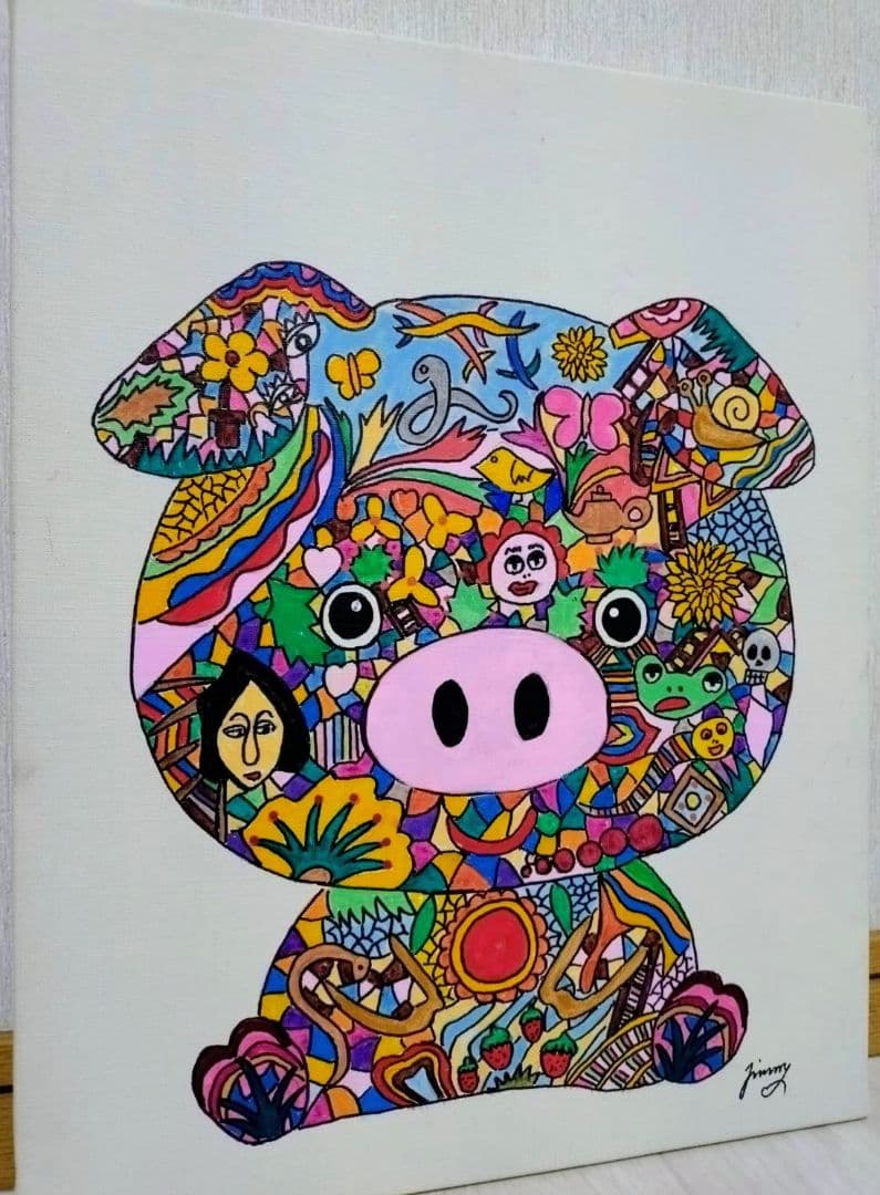 【F6号】ジミー大西【Pig】手描き作品/表裏サイン/油彩/アクリル/絵画/額縁