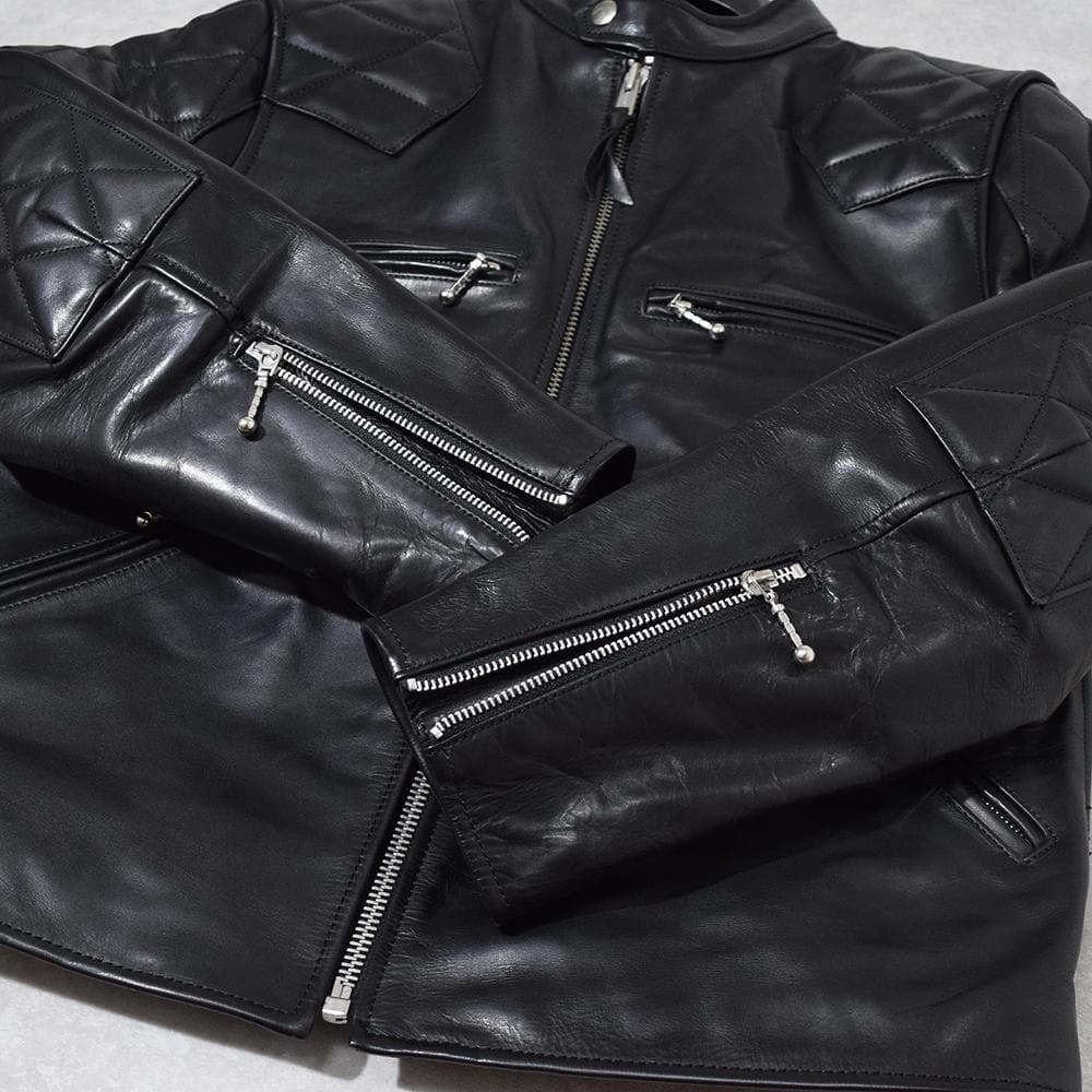 イタリア製 馬革 ホースハイド パテッド レザーライダース ジャケット 黒 XL