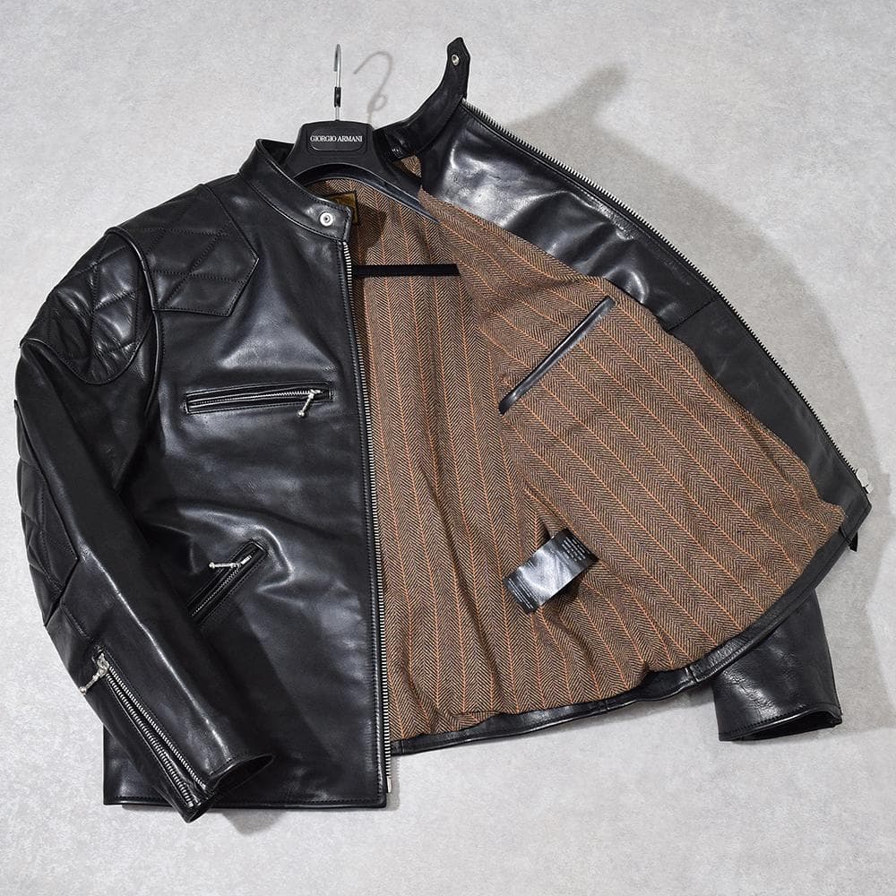 イタリア製 馬革 ホースハイド パテッド レザーライダース ジャケット 黒 XL