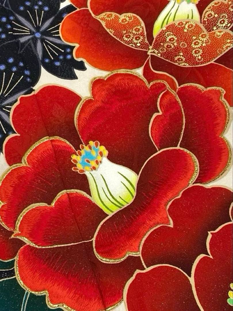 振袖 豪華 銀通し 刺繍 金彩 椿 大輪 身丈173cm パールトーン加工済