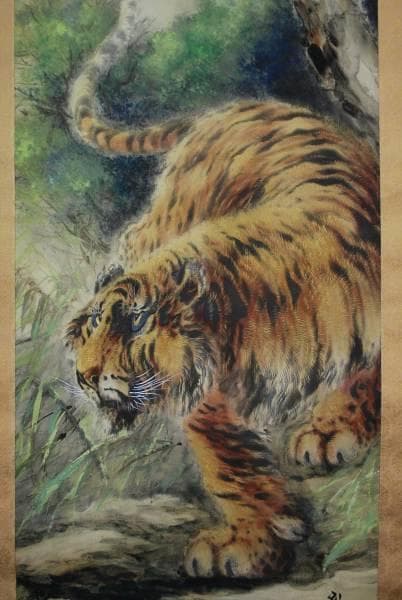 【真作】堀江玉鳳　猛虎図　掛軸/名家伝来/K-322　J