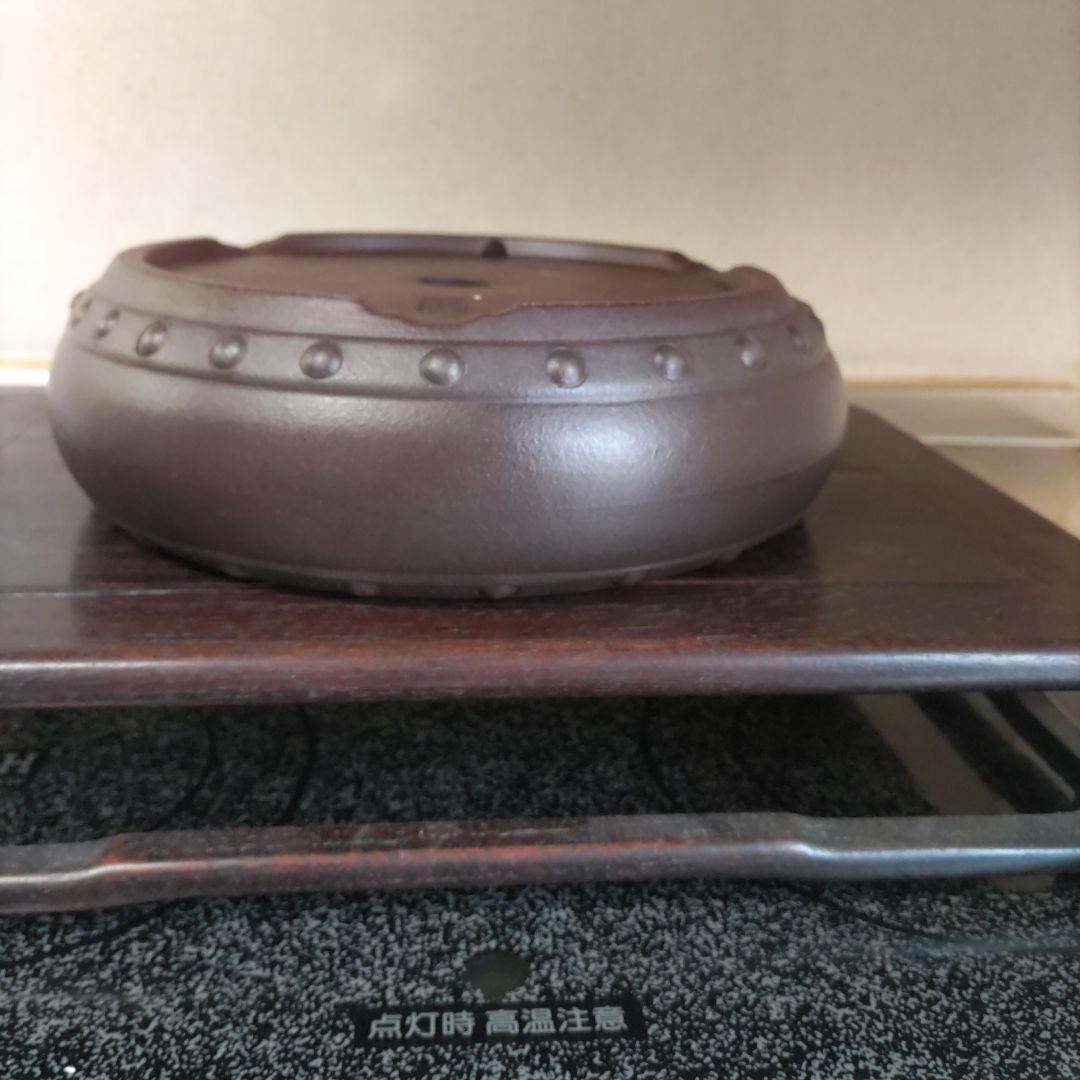 盆栽鉢、植木鉢、 時代鉢、 山秋 落款 、紫泥 、太鼓胴丸鉢、杭打ち鉢