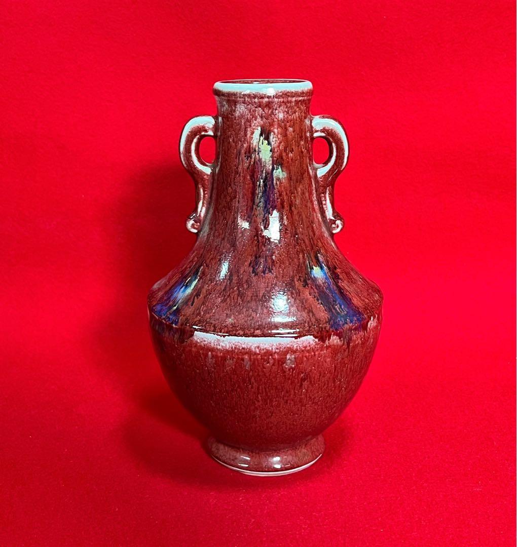 中国美術 古玩 红釉雙耳花瓶 花器 置物　コレクション