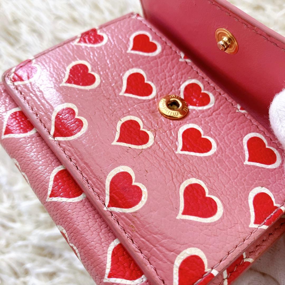 ミュウミュウ 三つ折り財布 コンパクトウォレット ピンク パターンハート 総柄
