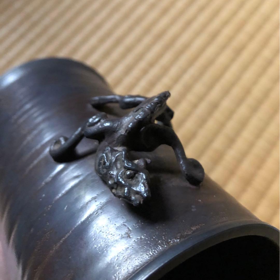 鋳銅　雨龍紋　筆筒　須賀月真氏作　共箱入