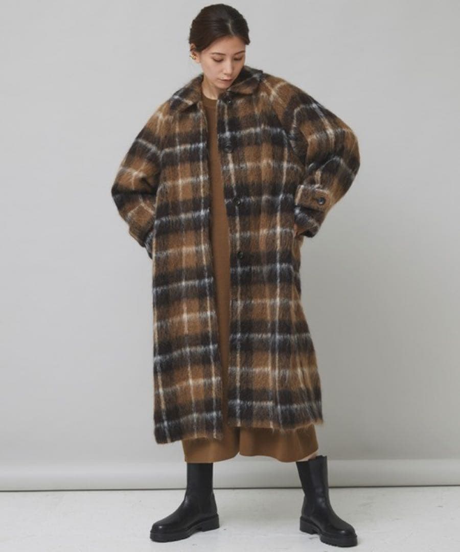 【美品】Curensology アルパカシャギー　チェックコート ブラウン