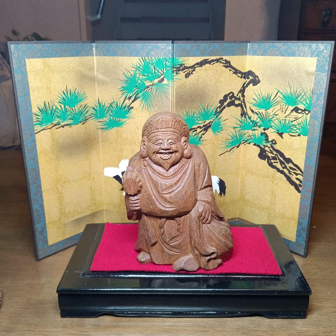 骨董品　恵比寿:大黒　木彫り置物　屏風&台座付き　希少セット