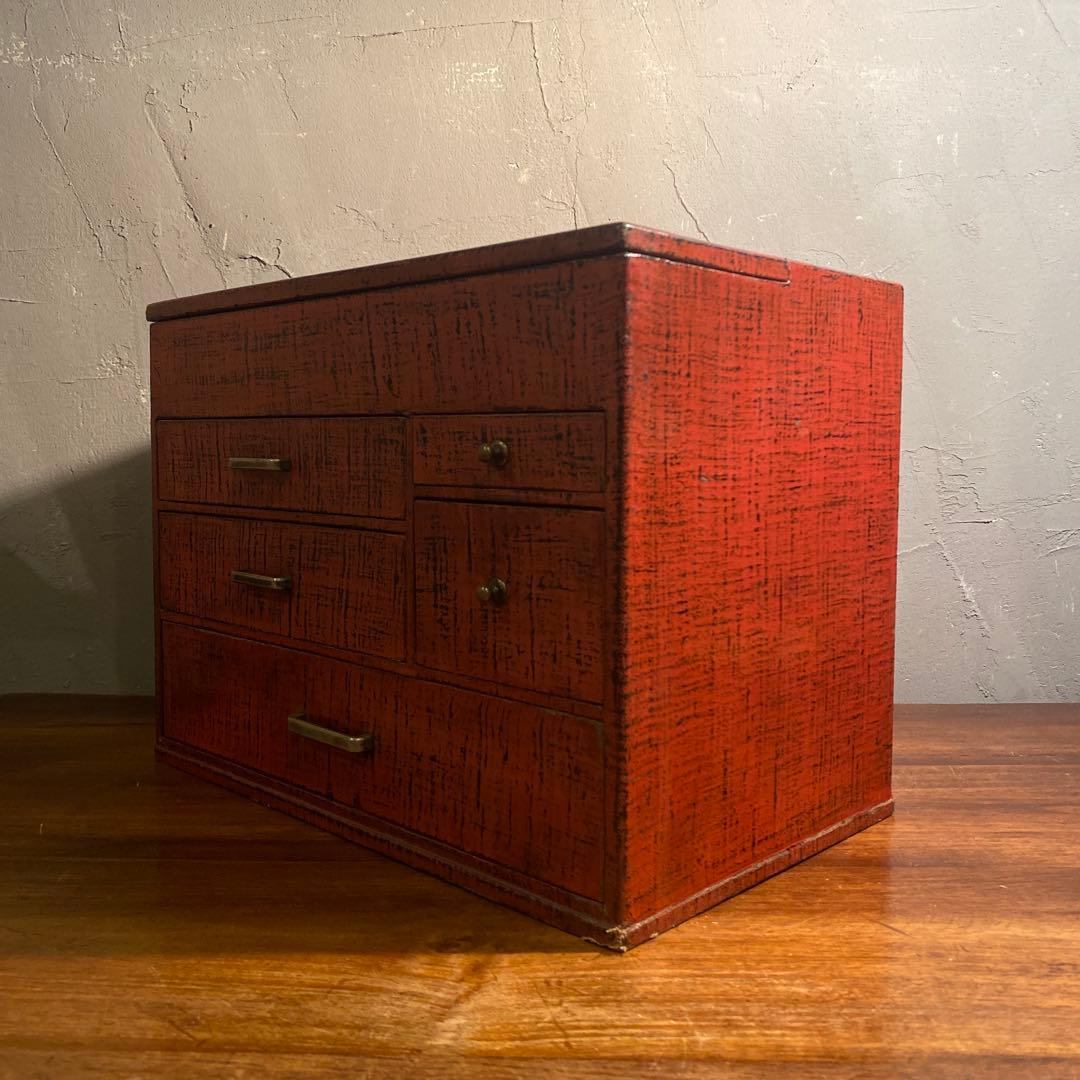 昭和レトロ 漆塗り針箱 小引き出し 裁縫箱 五杯 絣 漆芸 骨董品 古道具