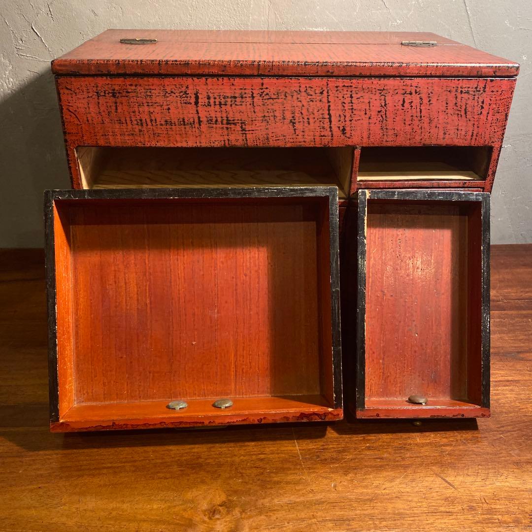 昭和レトロ 漆塗り針箱 小引き出し 裁縫箱 五杯 絣 漆芸 骨董品 古道具