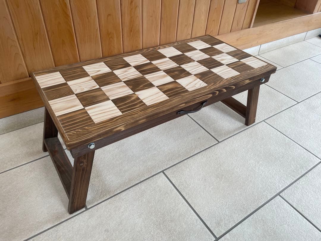 木製折りたたみテーブル チェック柄