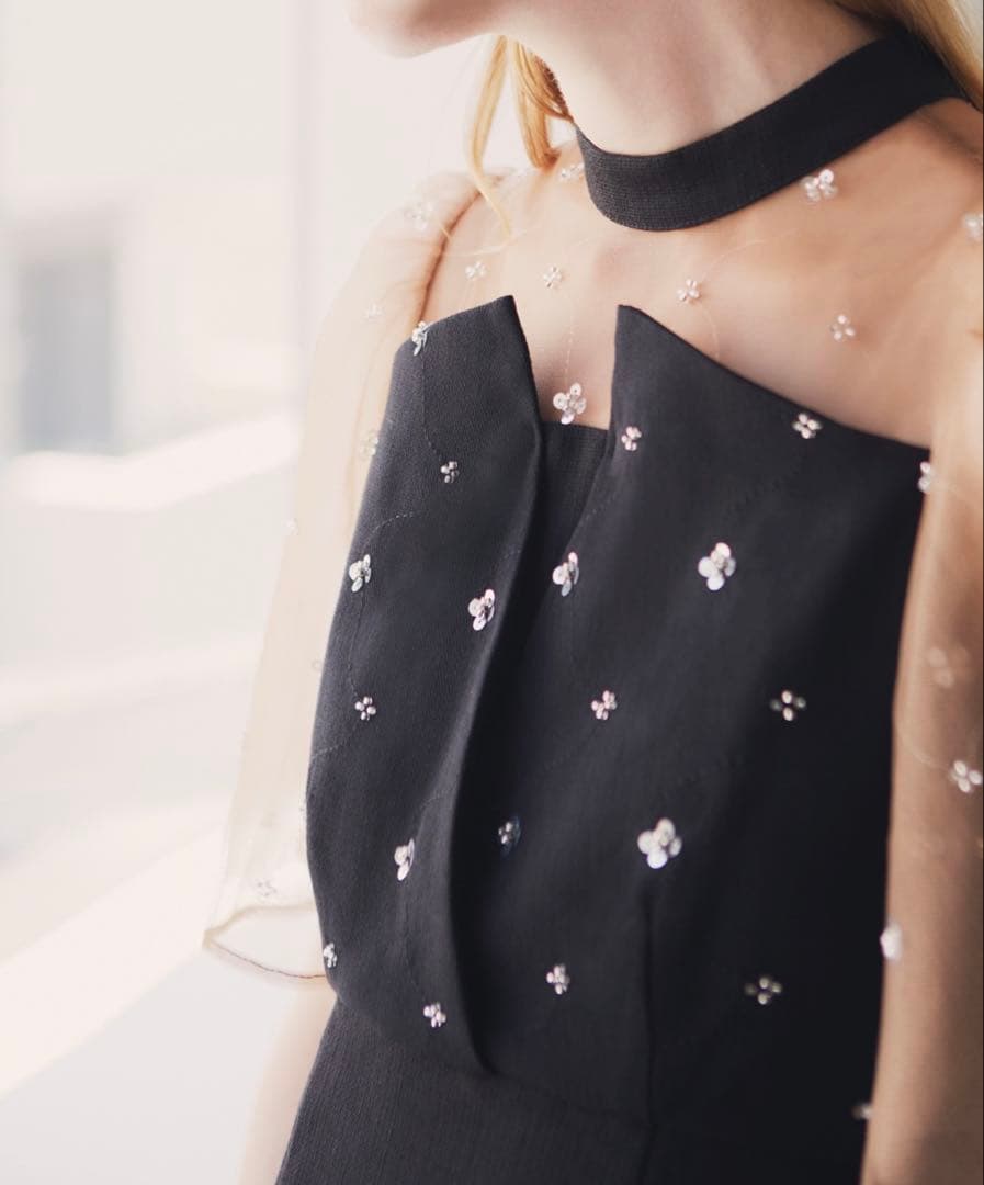 LEJA花柄ストーンスパンコールチュールオーバーラップマーメイドワンピースドレス