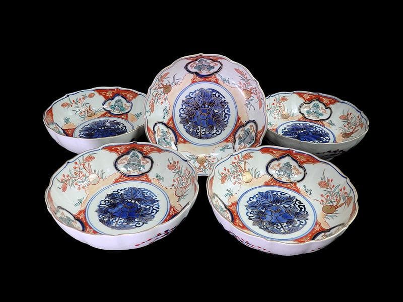 古伊万里　色絵　窓絵獅子　秋草に兎の図　膾皿　５客　D049AS-DBj