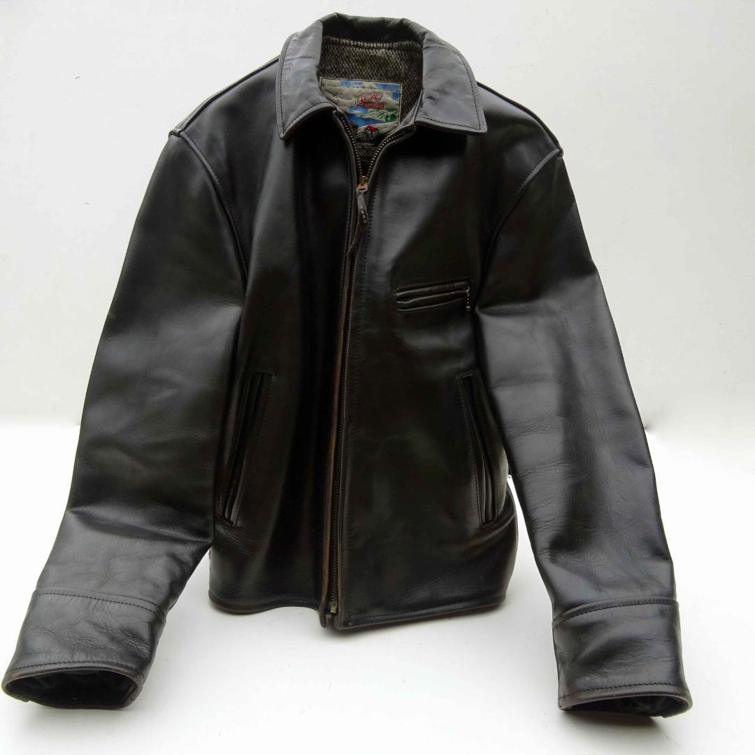 茶芯良好エアロレザー ホースハイド レザージャケット ハーフベルト 38直立馬革