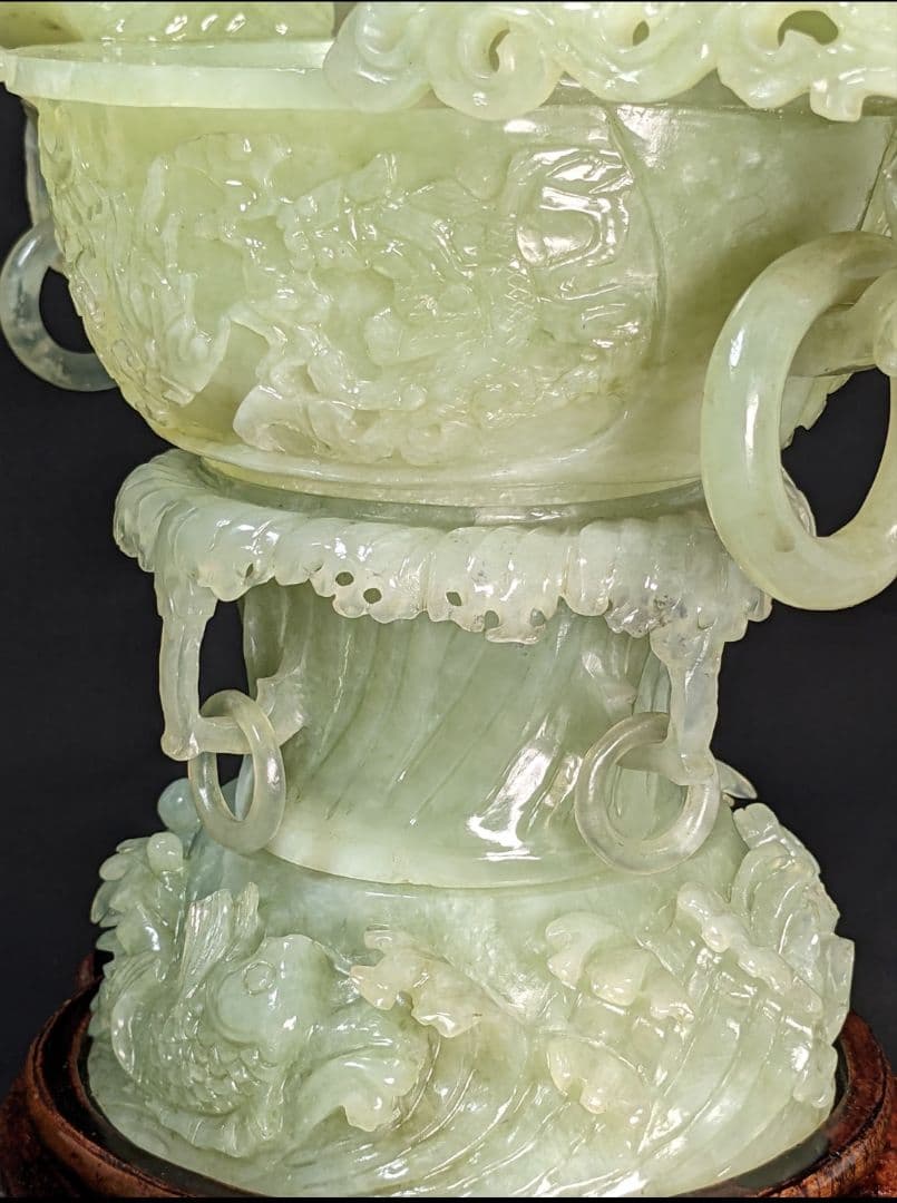 未使用　岫玉　天然石　特大香炉　遊環 龍 干支 透かし彫り 浮彫り 手彫り波唐草