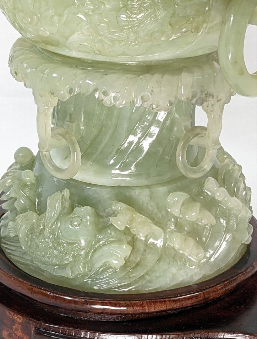 未使用　岫玉　天然石　特大香炉　遊環 龍 干支 透かし彫り 浮彫り 手彫り波唐草