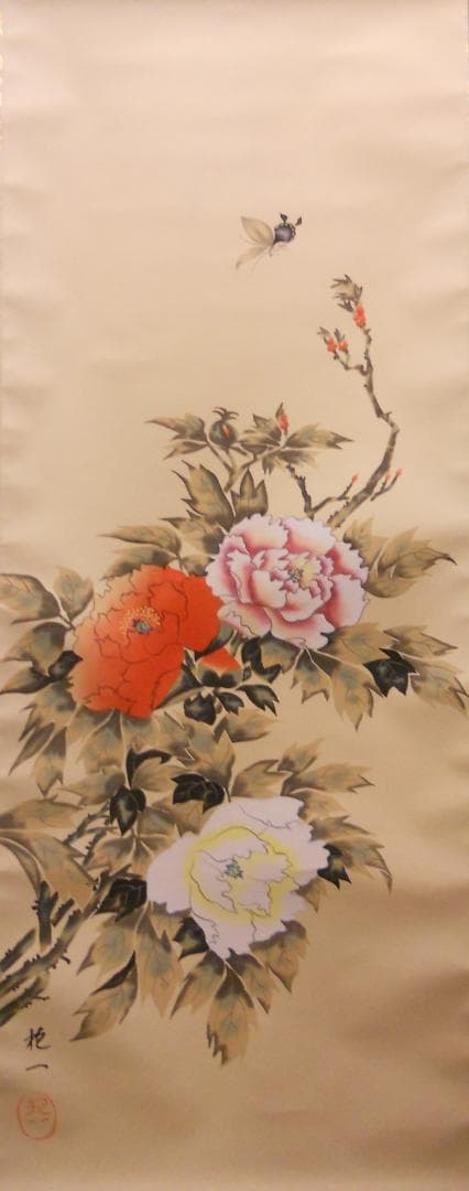 掛け軸 酒井抱一 牡丹 絹本 名品 複製 希少 軸装 茶道具 掛軸 美品 です。