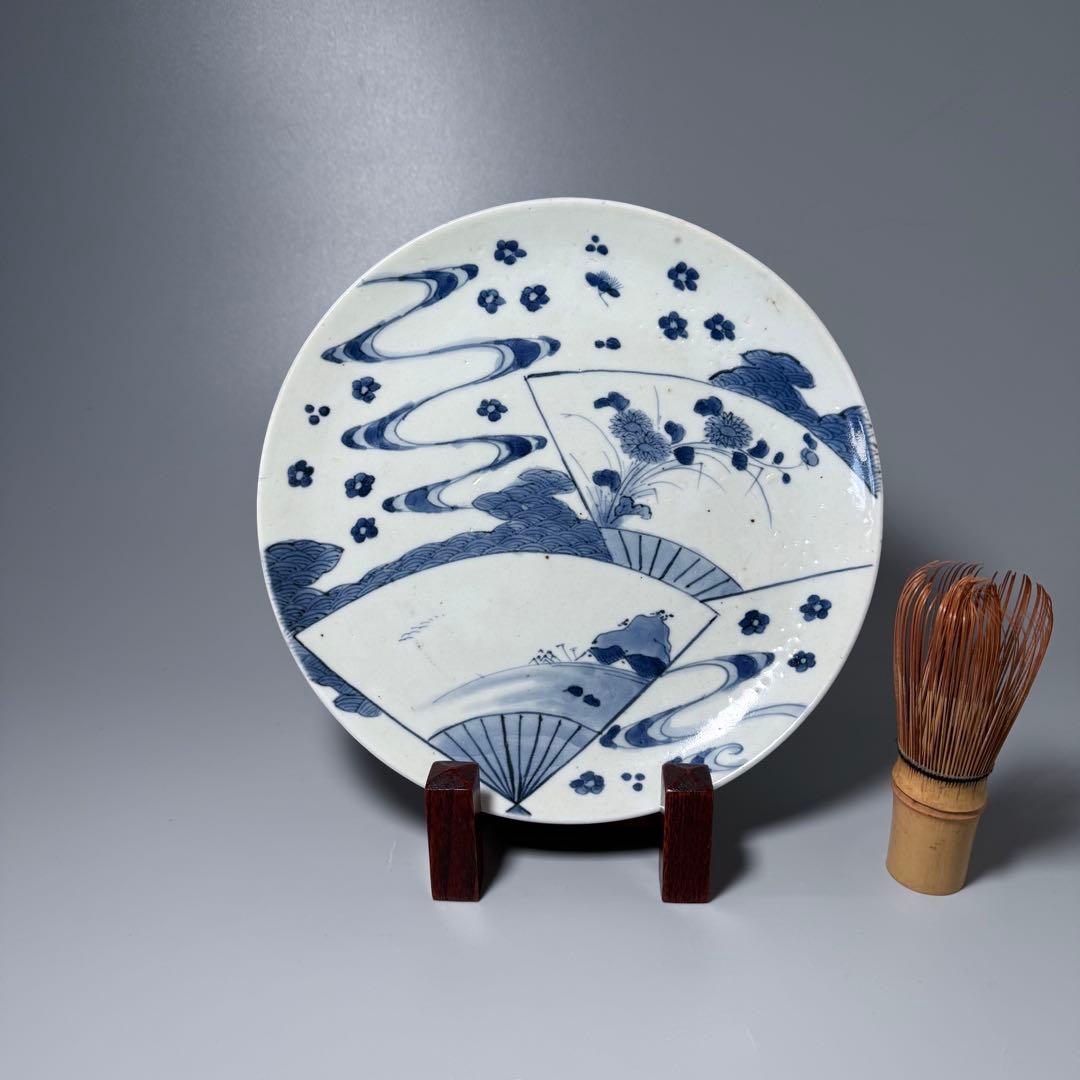 江戸中期　染付扇子文七寸皿　青海波　裏唐草文　コレクター放出品　状態◎ 寛政元禄