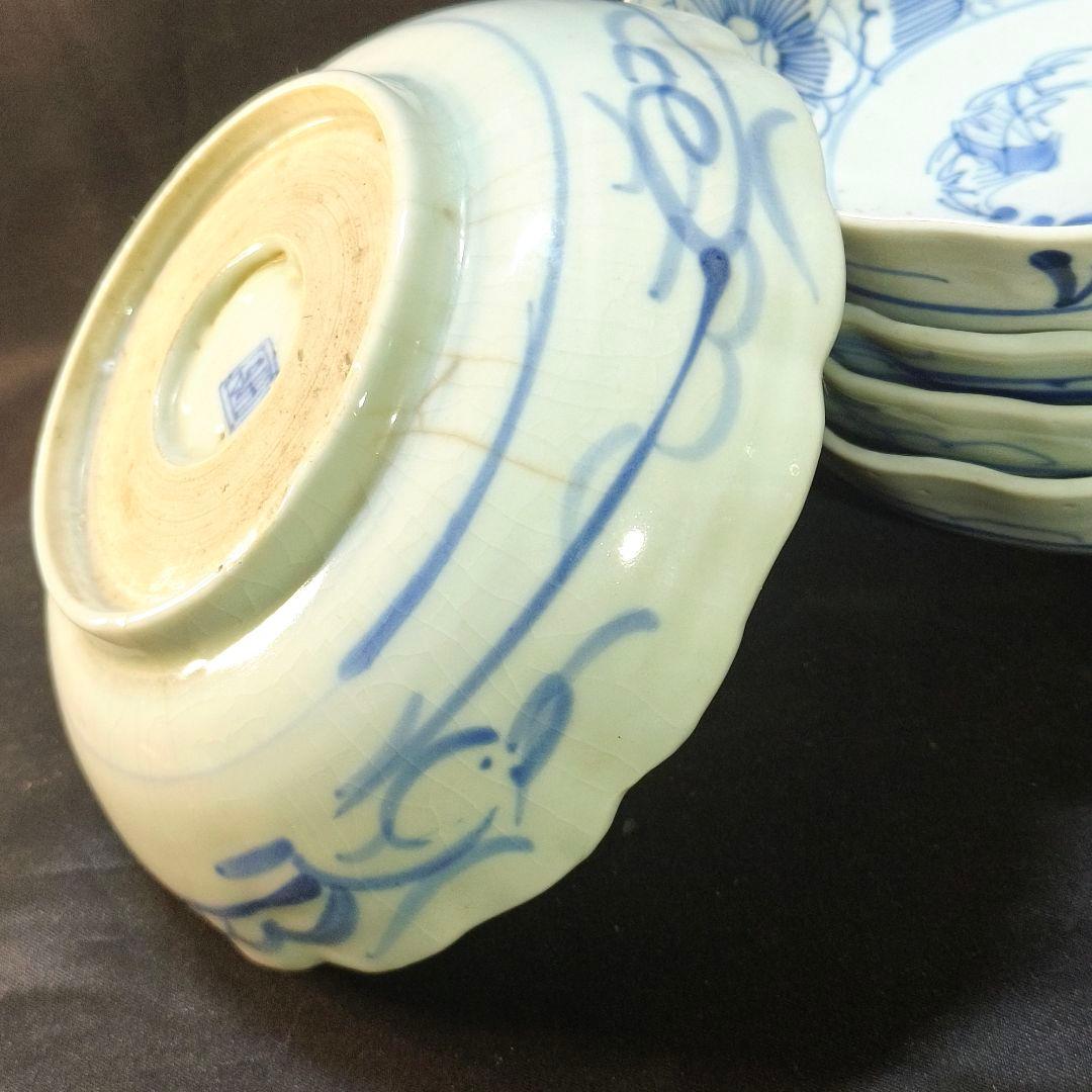 古伊万里 染付け膾皿 なます皿 松竹梅 手描き 在銘 旧家蔵出美品 未使用骨董