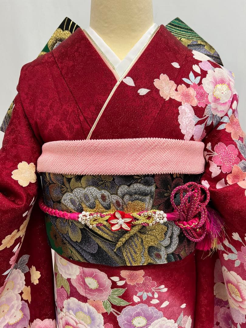 振り袖　フルセット　金彩加工　長襦袢付　刺繍入り　金通し　赤　花　664