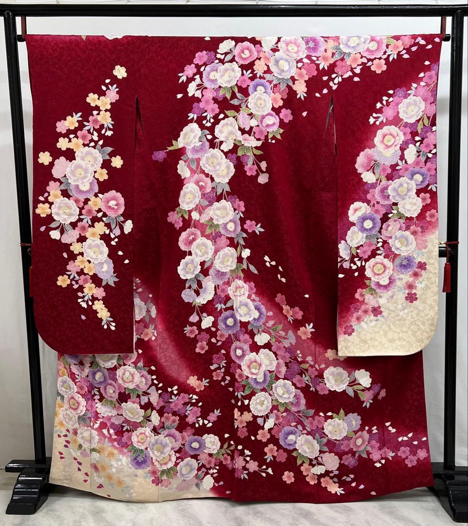 振り袖　フルセット　金彩加工　長襦袢付　刺繍入り　金通し　赤　花　664