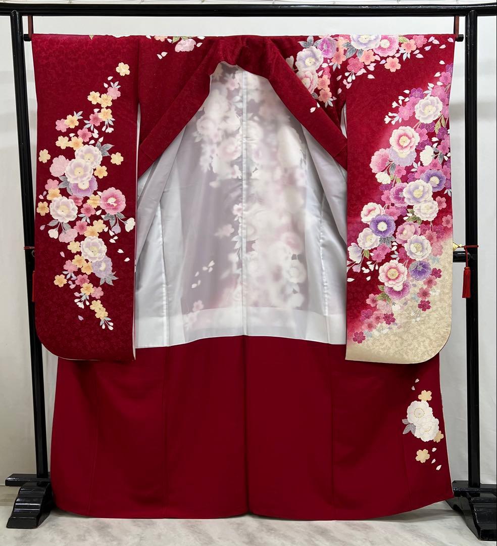 振り袖　フルセット　金彩加工　長襦袢付　刺繍入り　金通し　赤　花　664