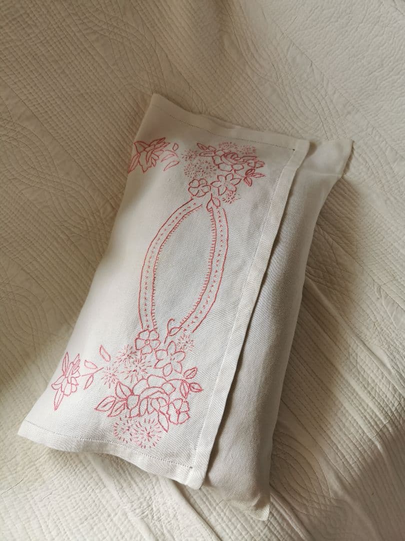アンティークフランス 薔薇紫陽花赤糸刺繍 ランジェリーケース リネンピローカバー