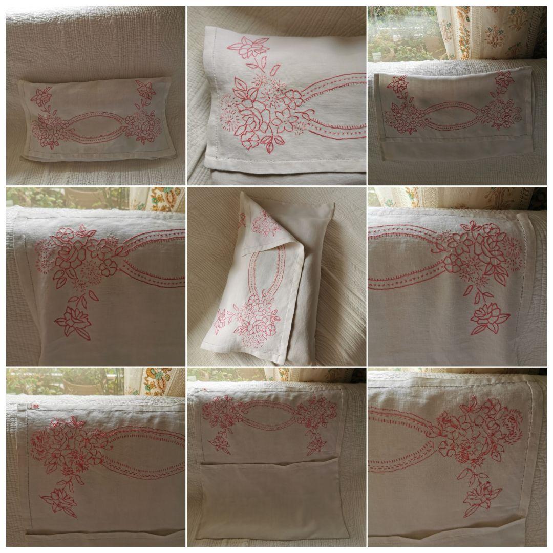 アンティークフランス 薔薇紫陽花赤糸刺繍 ランジェリーケース リネンピローカバー
