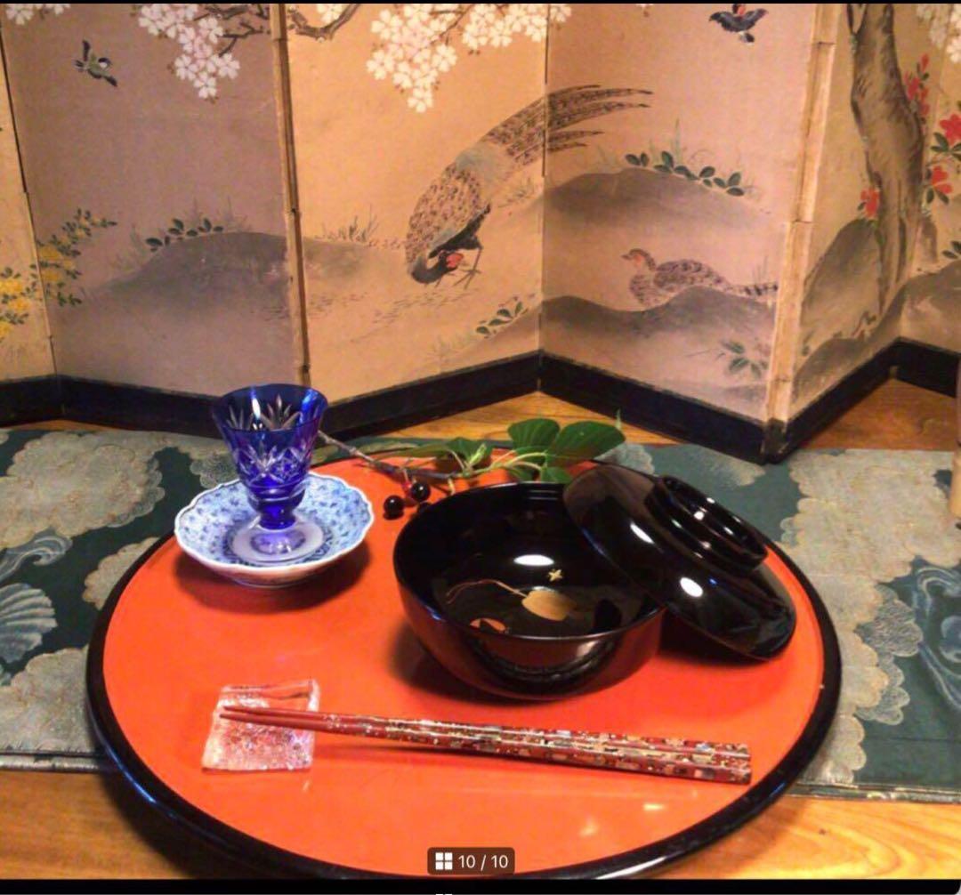 A852 木製輪島塗　　　高級黒塗　宝尽紋様蒔絵　吸物椀　　煮物椀　　5客