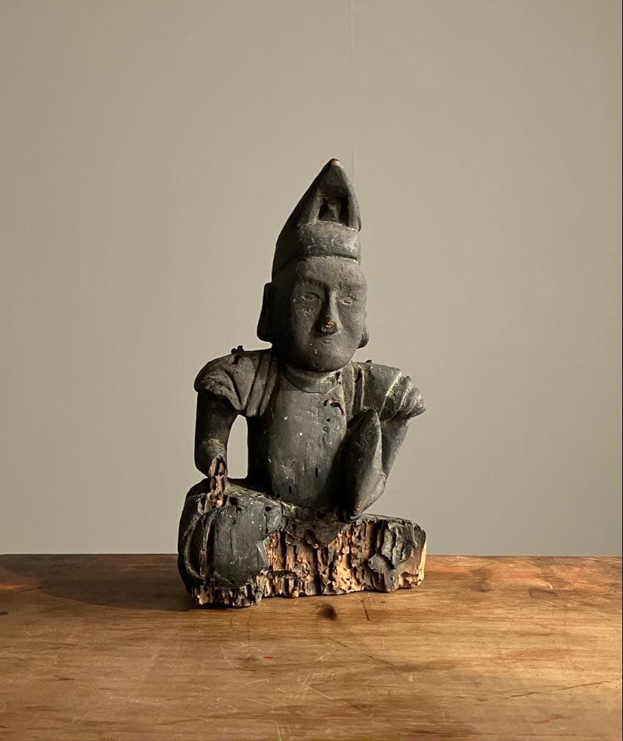 【黎明期の恵比寿木彫 室町時代頃】骨董七福神アンティーク仏像美術彫刻民藝妖怪古事