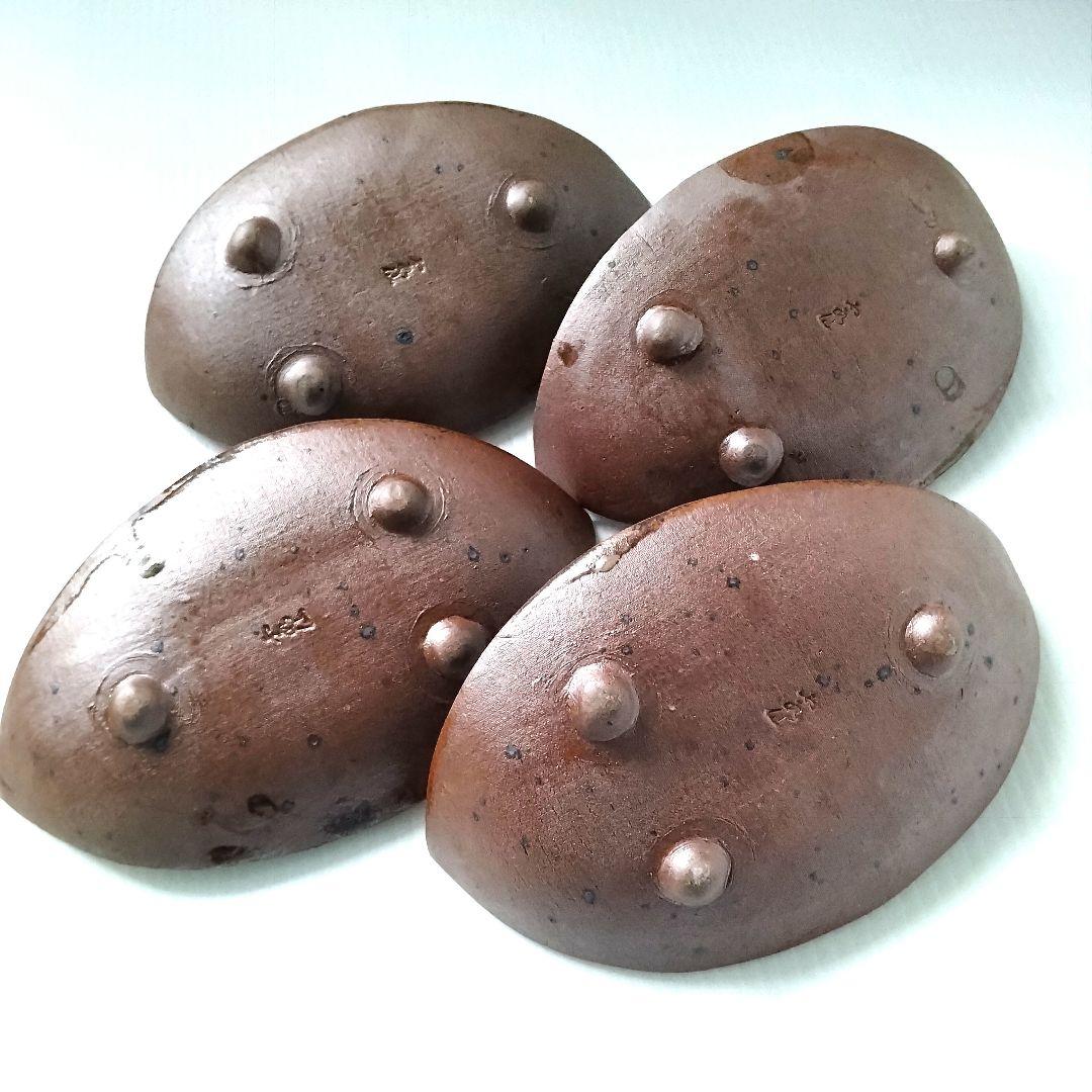 ① 備前焼 北大路魯山人写し たたき皿 三つ足 舟形 長皿 和食器 足付き 4客