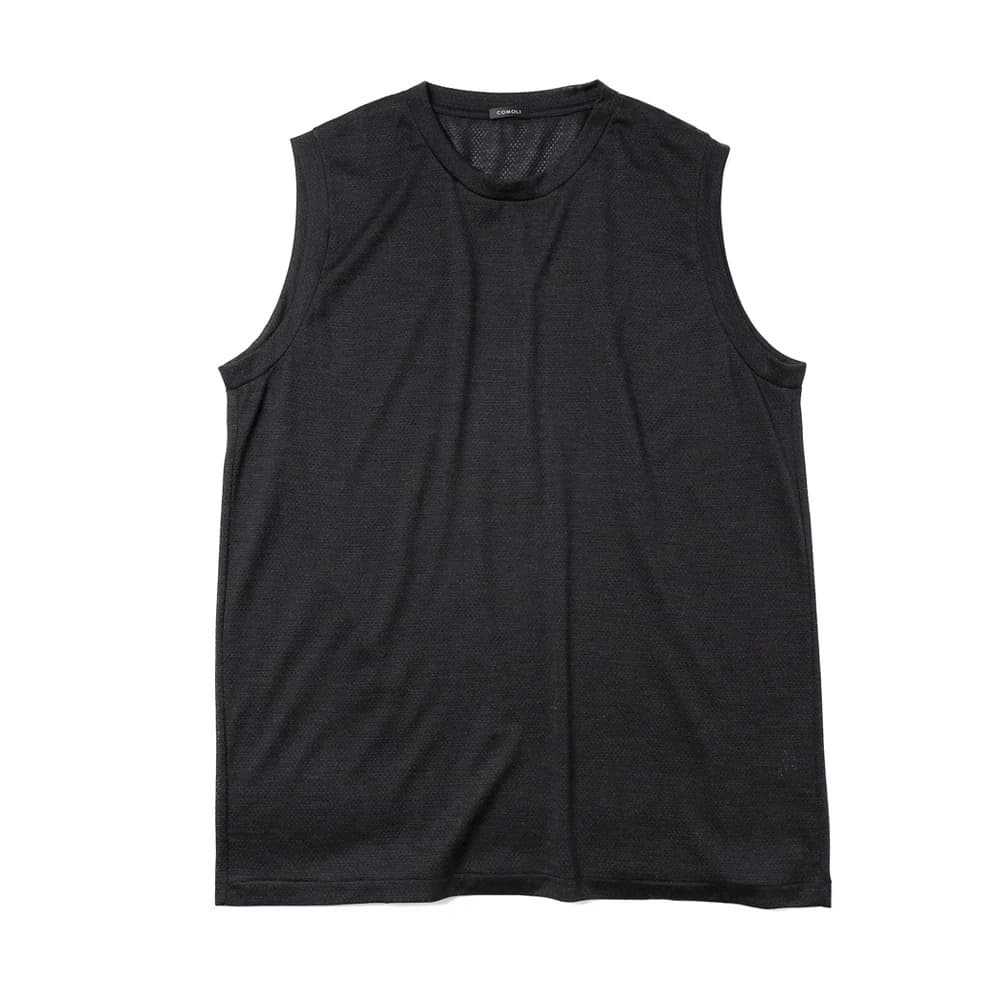 COMOLI ブラック ウールメッシュノースリーブタンクトップ